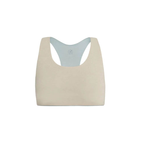 A photo of the Aster Organic Racerback Sports Bra in beige.