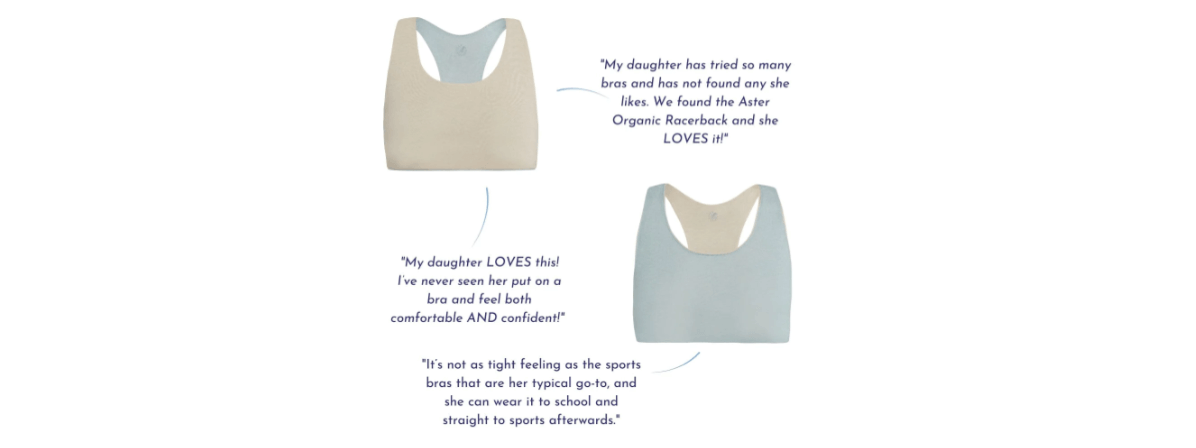 Images of the sand-mist Bleuet Aster Organic Racerback Bra accompanied by testimonials from happy, satisfied customers. Image from <a href="https://bleuetgirl.com/collections/organic-sustainable-bras/products/aster-organic-racerback-bra" target="_blank">Bleuet</a>.