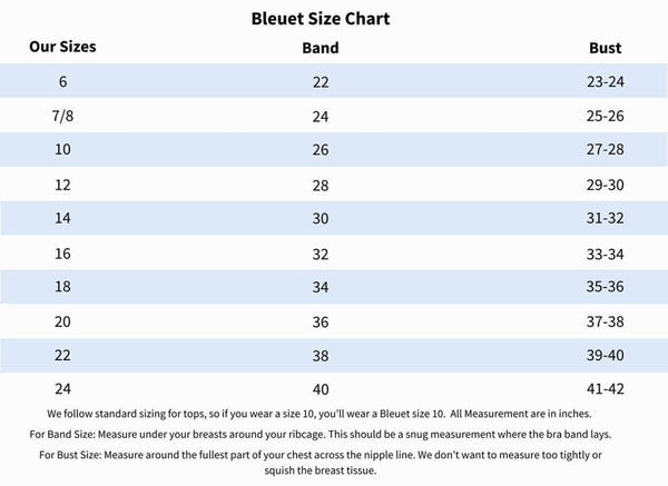 Screenshot of the Bleuet size chart from their official website.