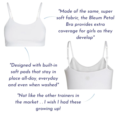 A screenshot of customer reviews and product highlights for the Bleum Petal Padded Bra from Bleuet.