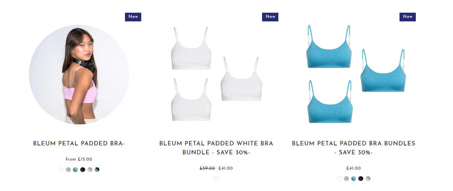 A screenshot from the Bleuet website showing some of the popular Bleum Petal Padded Bra options.