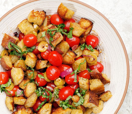 panzanella bread salad with tomatoes and olives