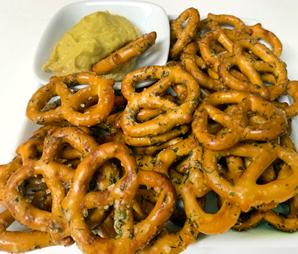 dill salted pretzels with mustard