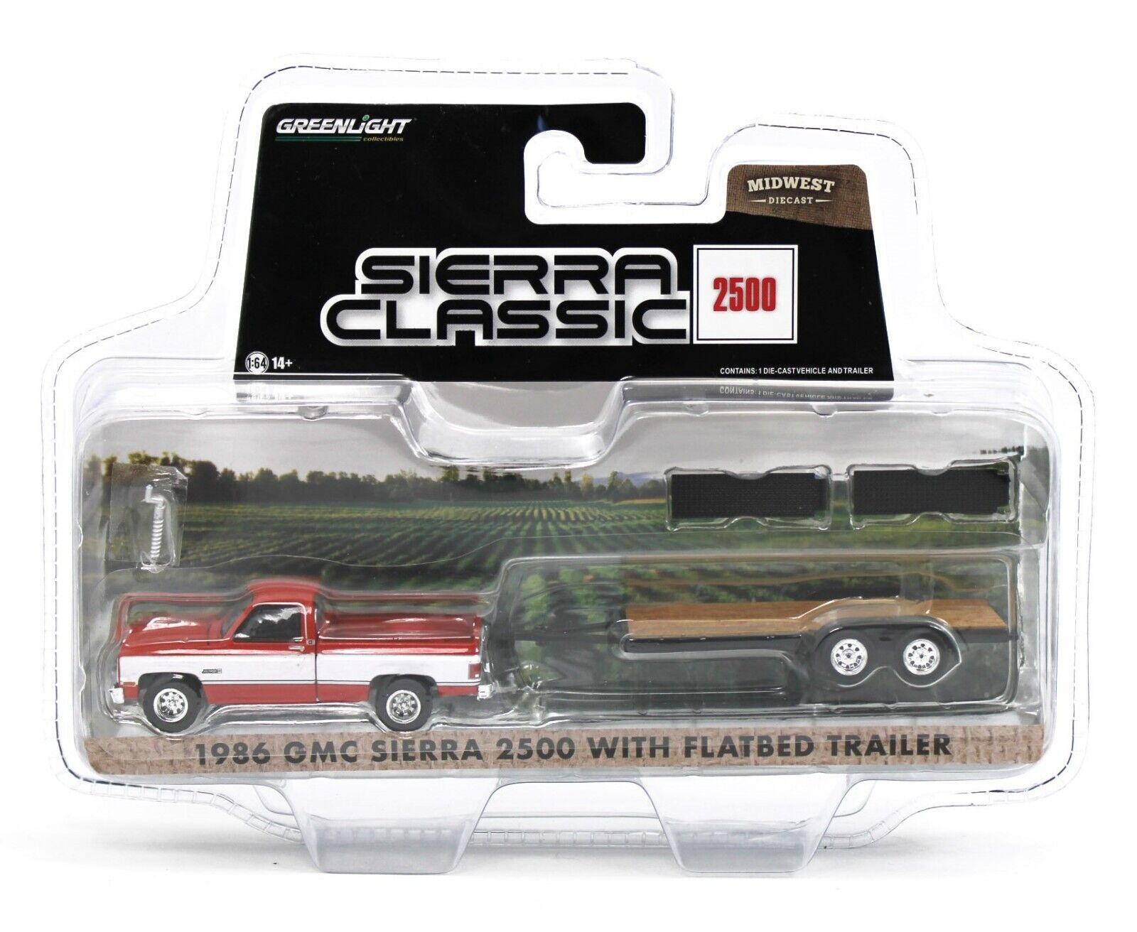 1:64 GreenLight *HITCH & TOW* Red & White 1986 GMC Sierra & Flatbed Trailer NIP