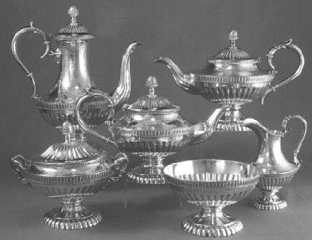 Fig. 1. The Binney-Newberry family six-piece tea and coffee service by  Rogers and Wendt, Boston, c. 1857