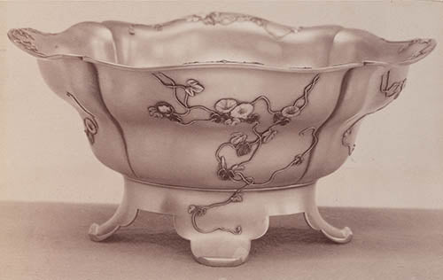 Japanese Work Sample salad bowl number 8747, 1897–1898. Silver and enamel. Gorham Manufacturing Company Archive.