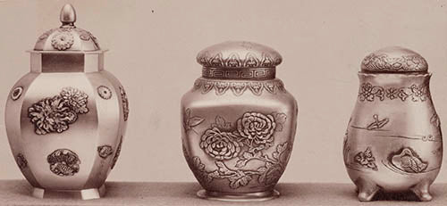 Archival image of three Japanese Work tea caddies, 1897–1898, detailing the individual design and decoration of each Japanese Work piece. Gorham Manufacturing Company Archive, John Hay Library, Brown University, Providence, Rhode Island.
