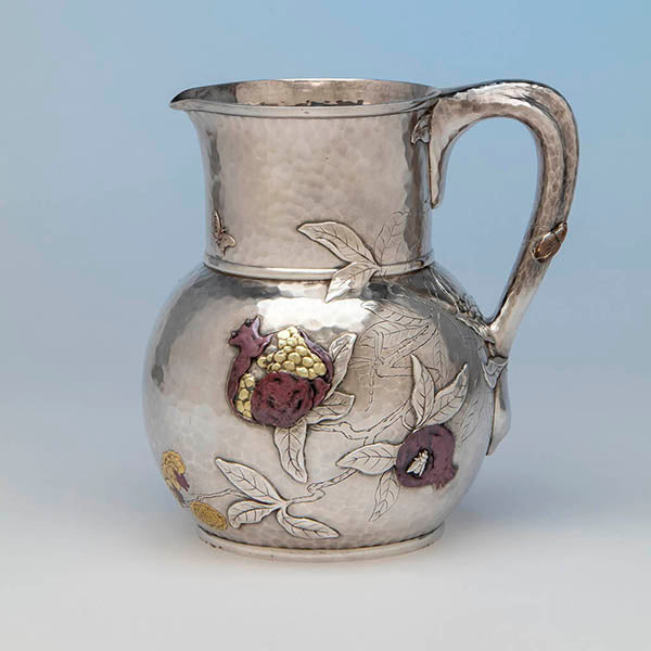 Tiffany Antique Sterling Silver and Mixed Metals Pomegranate Water Pitcher, c. 1879