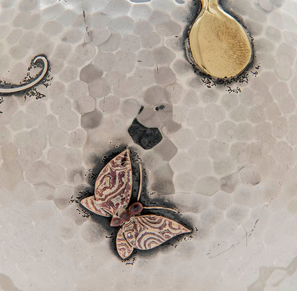 Mokume butterfly on Tiffany & Co. mixed metals tea caddy