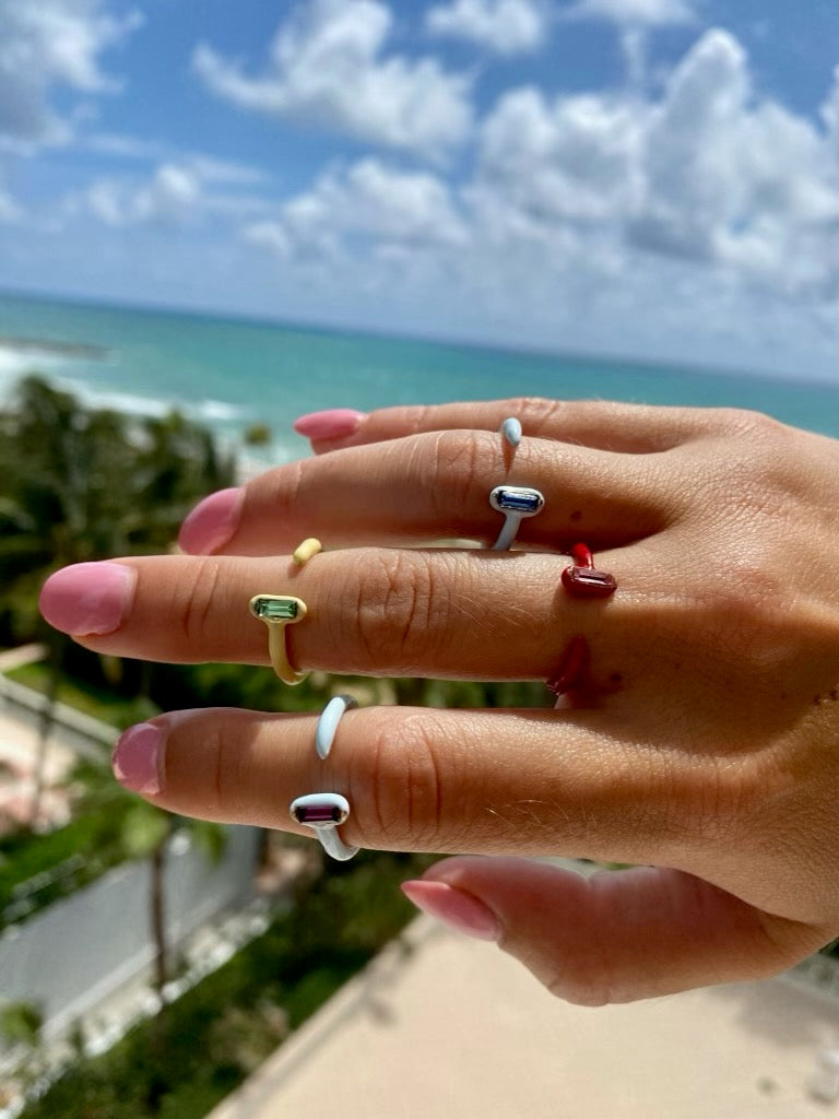 Enamel Baguette Ring In Sky With Aquamarine / SALE