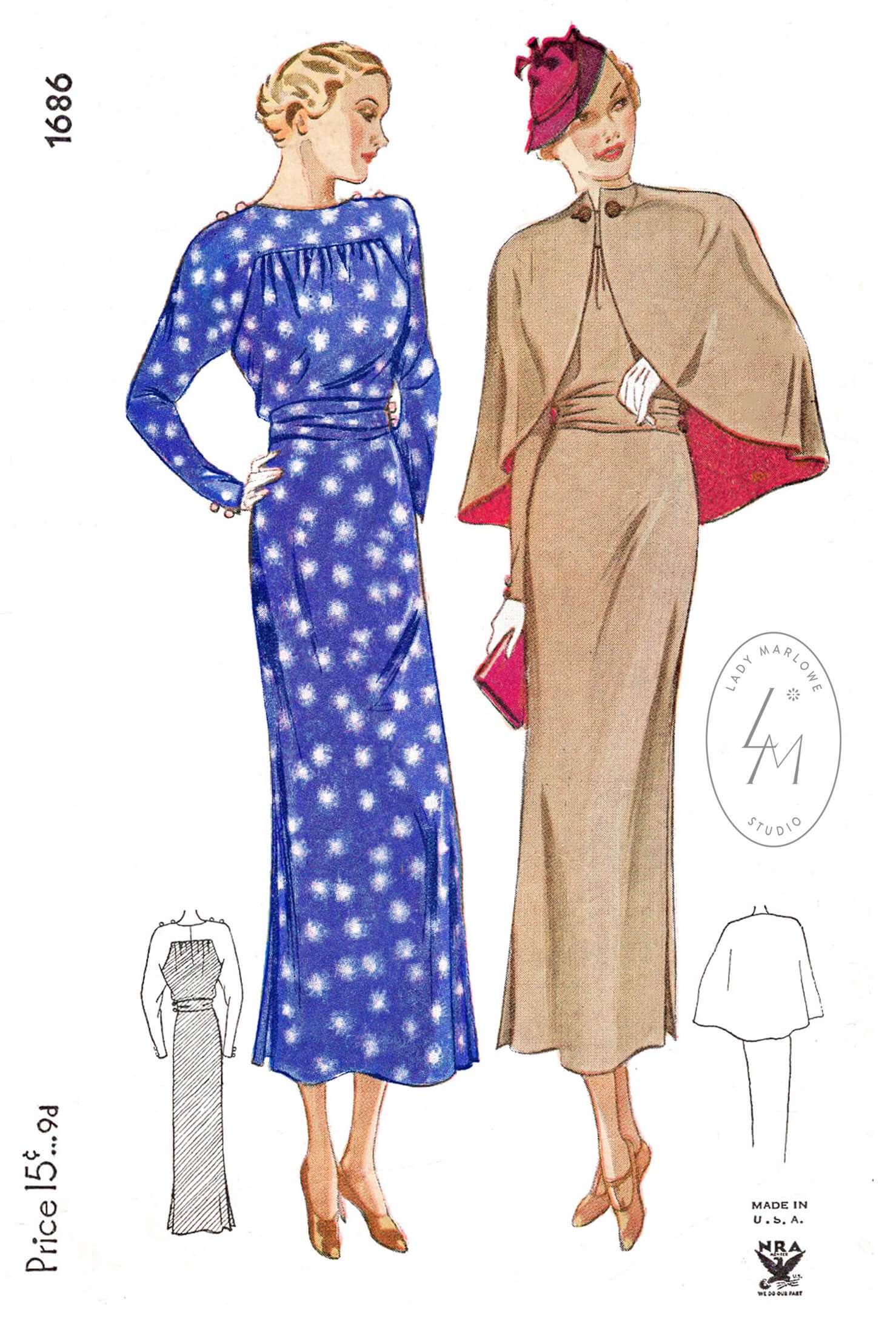 1930s dress and cape vintage sewing pattern reproduction – Lady Marlowe