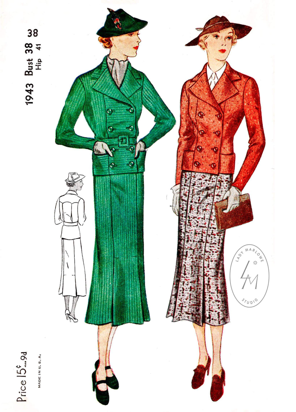 1930s 2 piece skirt suit vintage sewing pattern reproduction – Lady Marlowe