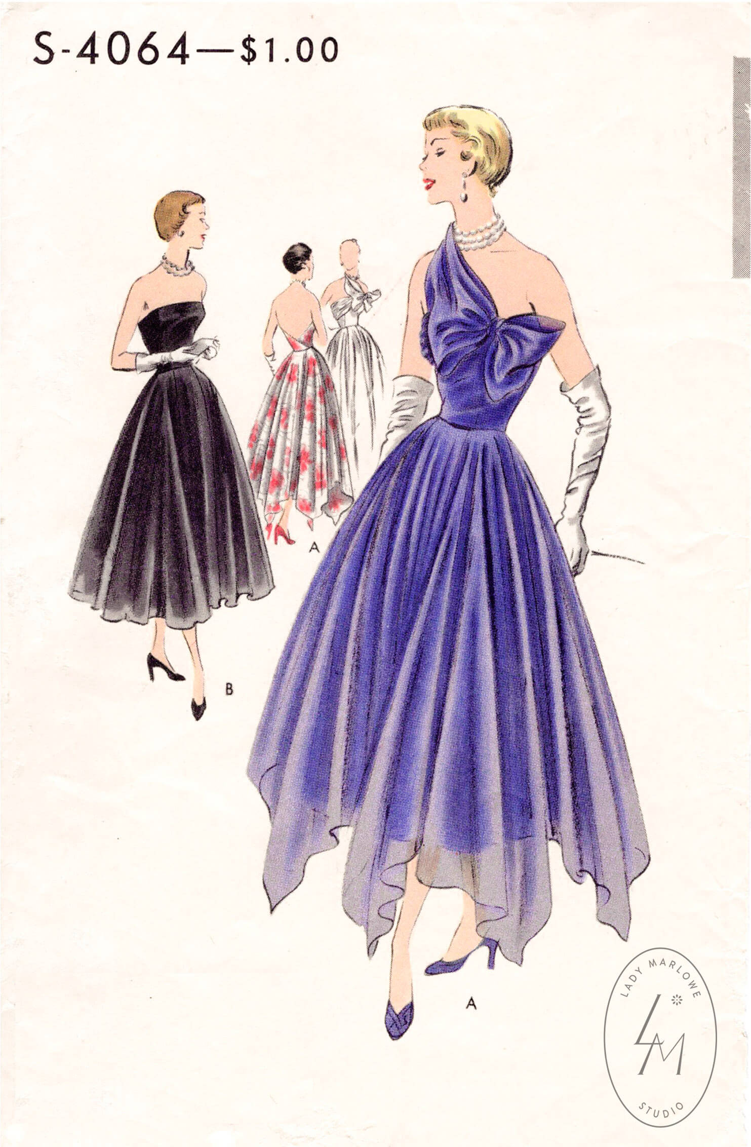 1950s one shoulder evening dress vintage sewing pattern – Lady Marlowe