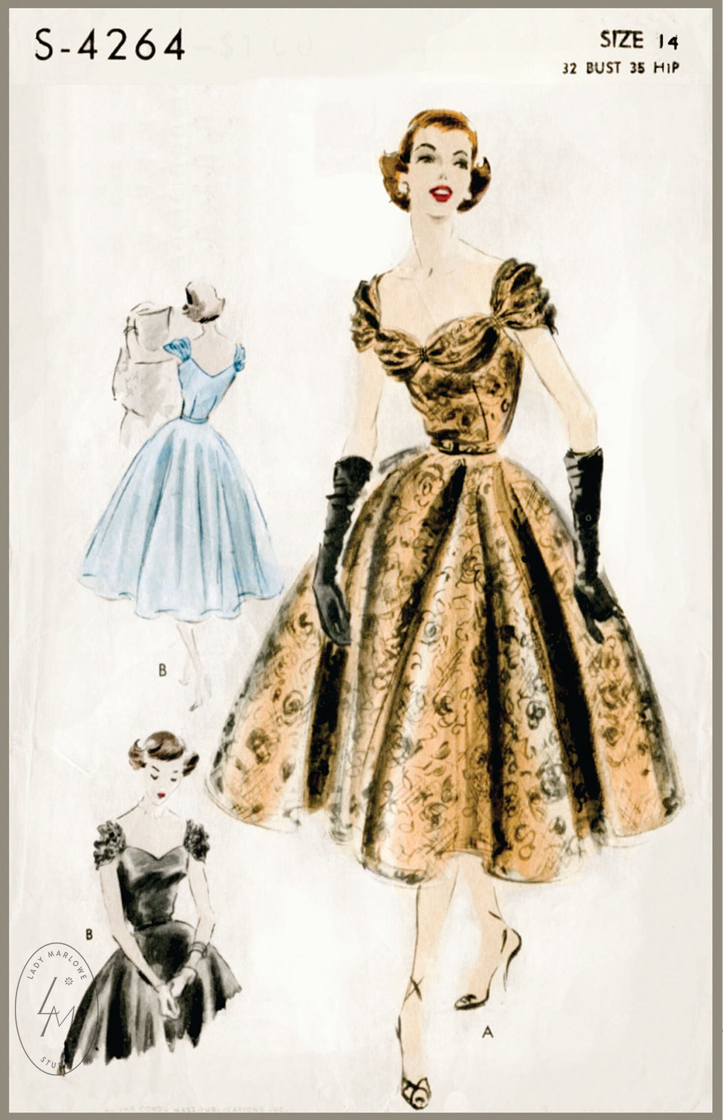 1950s Cocktail Dress Sweetheart Neck Vintage Sewing Pattern Lady Marlowe 4535