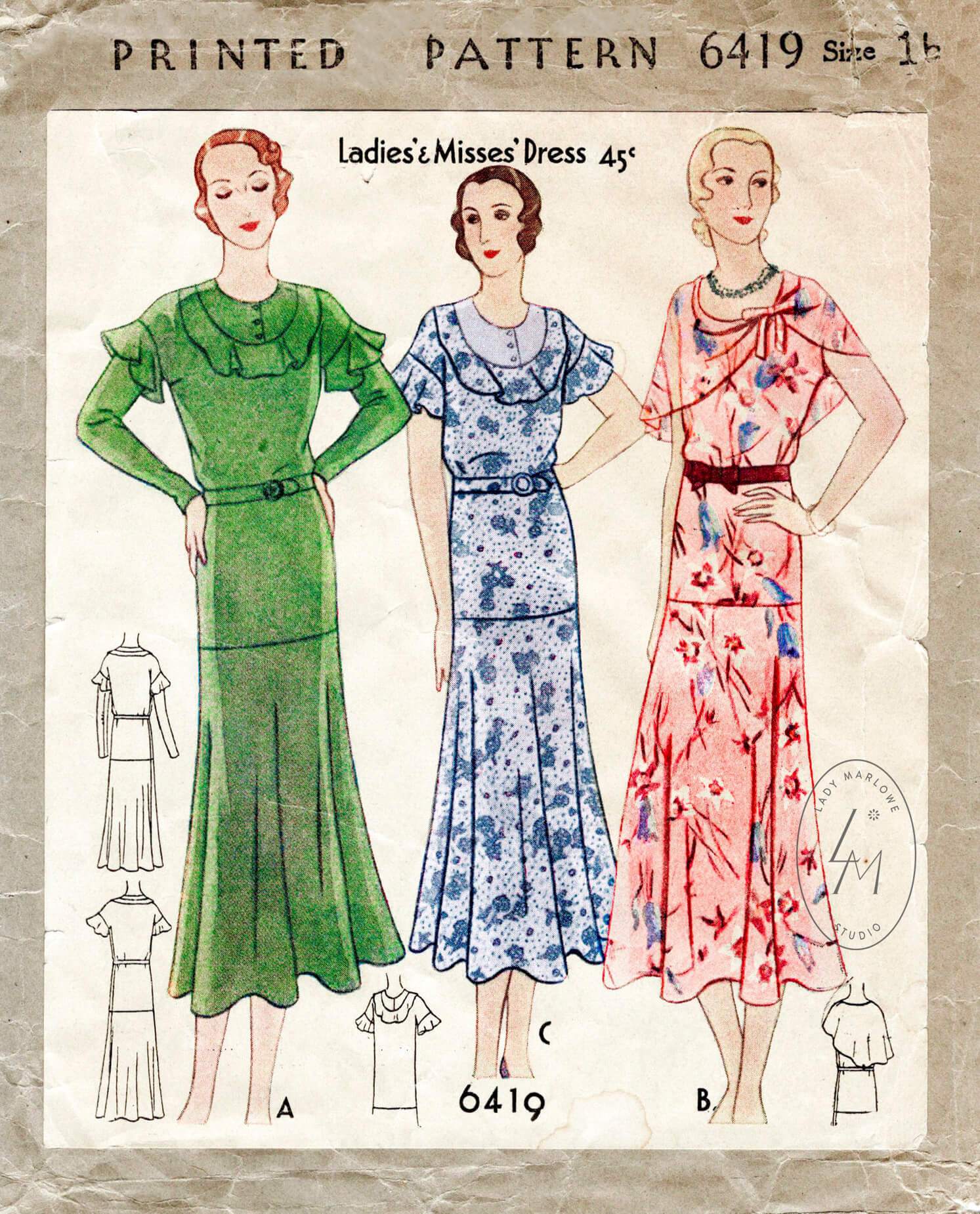 1930s dress vintage sewing pattern reproduction 6419 – Lady Marlowe