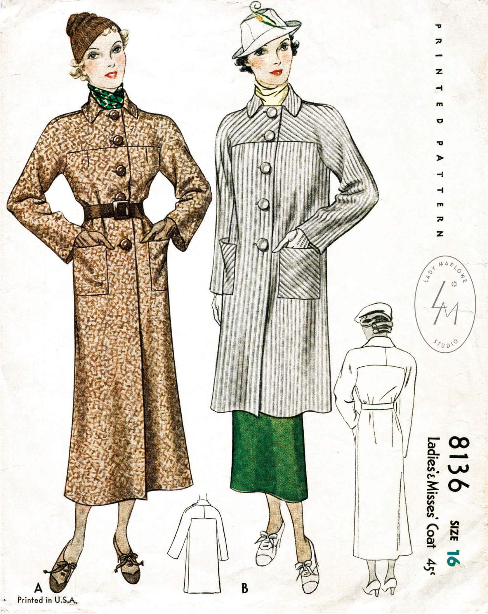 1930s loose fitted coat duster jacket vintage sewing pattern 8136 ...