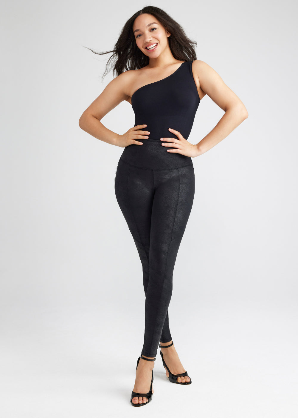 stretch and shine faux leather shaping legging