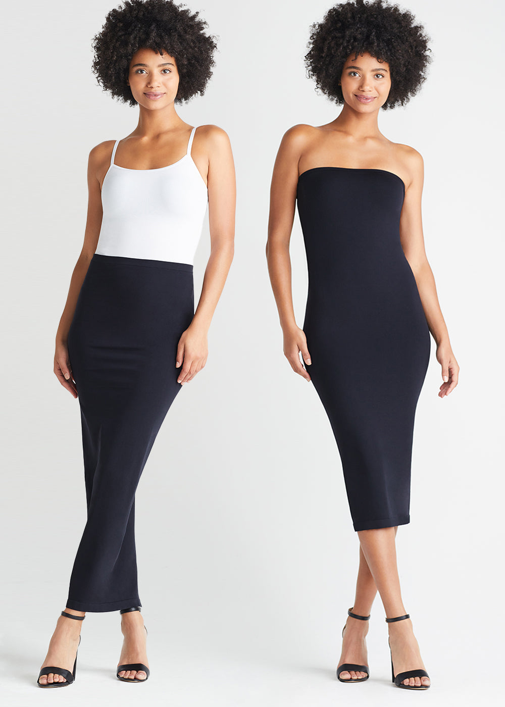 strapless convertible smoothing tube dress and skirt in Black worn as a skirt and convertible shaping camisole - outlast® seamless in White also worn as a dress worn by a woman standing facing forward with arms at sides Yummie