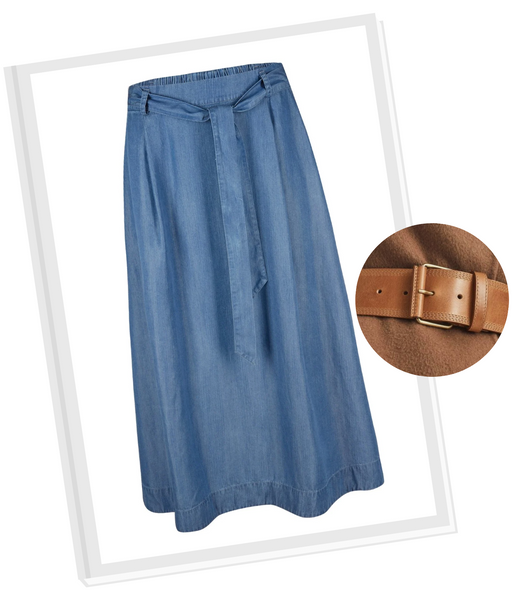 denim a-line skirt with tan belt