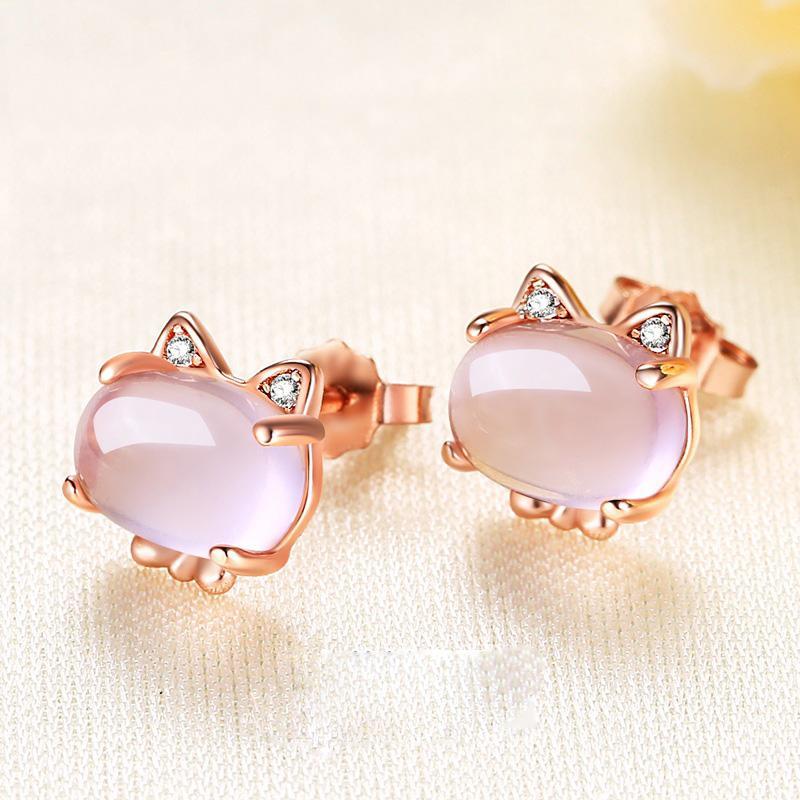 Rose Quartz Gold Plated Rhinestone Cat  Earrings  ThePurrShop