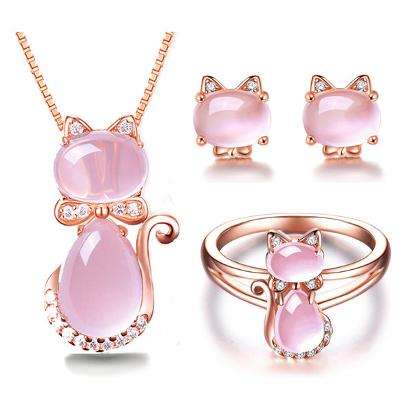 4 Piece Rose  Quartz Gold  Plated Rhinestone Cat  Jewelry Set 