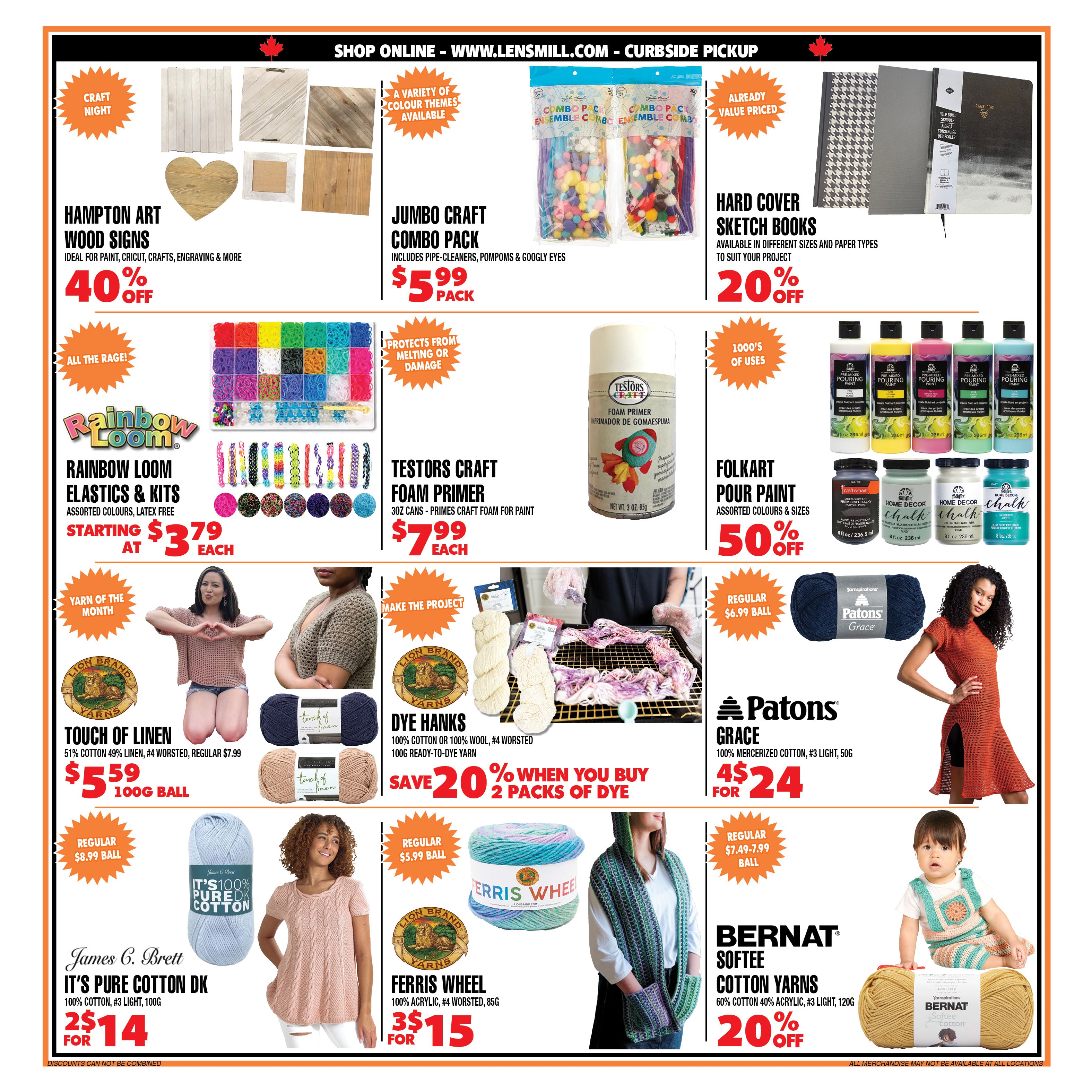 Values in effect Jun 30 - Jul 13. Third page - offers are: Hampton Art wood signs 40% off; Jumbo craft combo pack $5.99pack; Hard cover sketch books 20% off; Rainbow Loom elastics and kits starting at $3.79ea; Testors craft foam primer $7.99ea; Folkart pour paint 50% off; Touch of Linen yarn $5.59ea; Yarn dye hanks save 20% when you buy 2 packs of dye; Patons Grace 4 for $24; It's Pure Cotton DK 2 for $14; Ferris Wheel 3 for $15; Bernat Softee Cotton yarns 20% off.