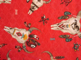 Square swatch southwest print fabric (bright red fabric with subtle white cross pattern and tossed southwest emblems animal skull, feathers, dream catchers, turtles all in a white/brown/yellow colourway)