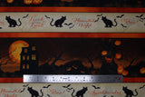 Flat swatch halloween printed fabric in Haunted Night Runner (halloween text, black cats, spooky house striped pattern)