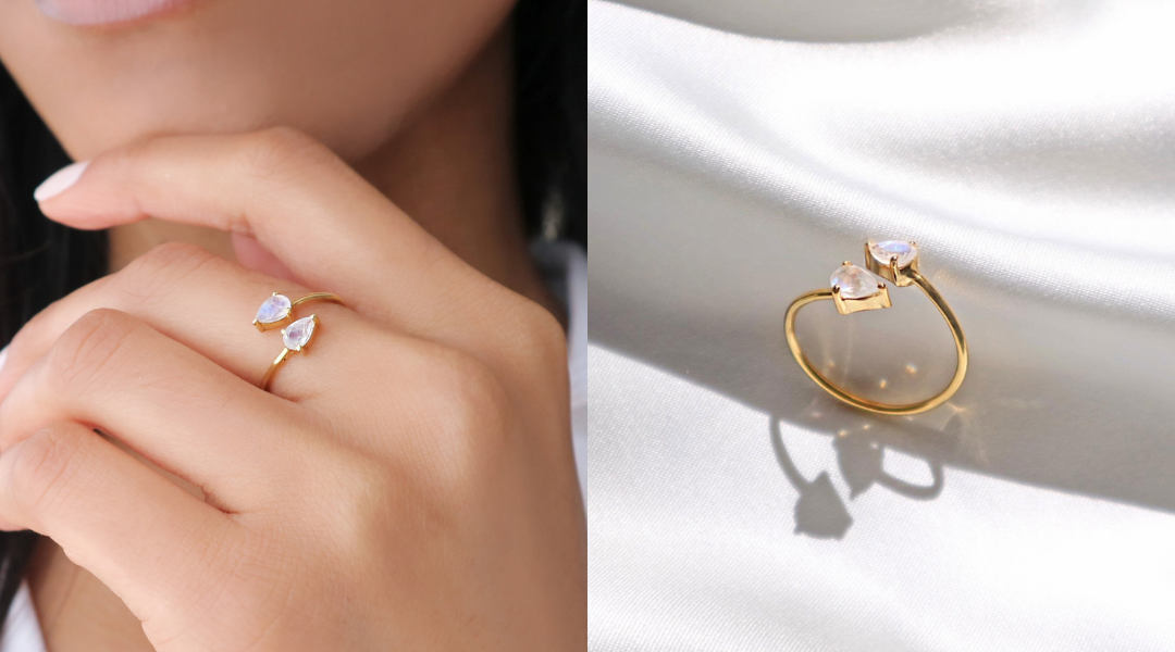 adjustable moonstone gemstone crystal teardrop gold ring