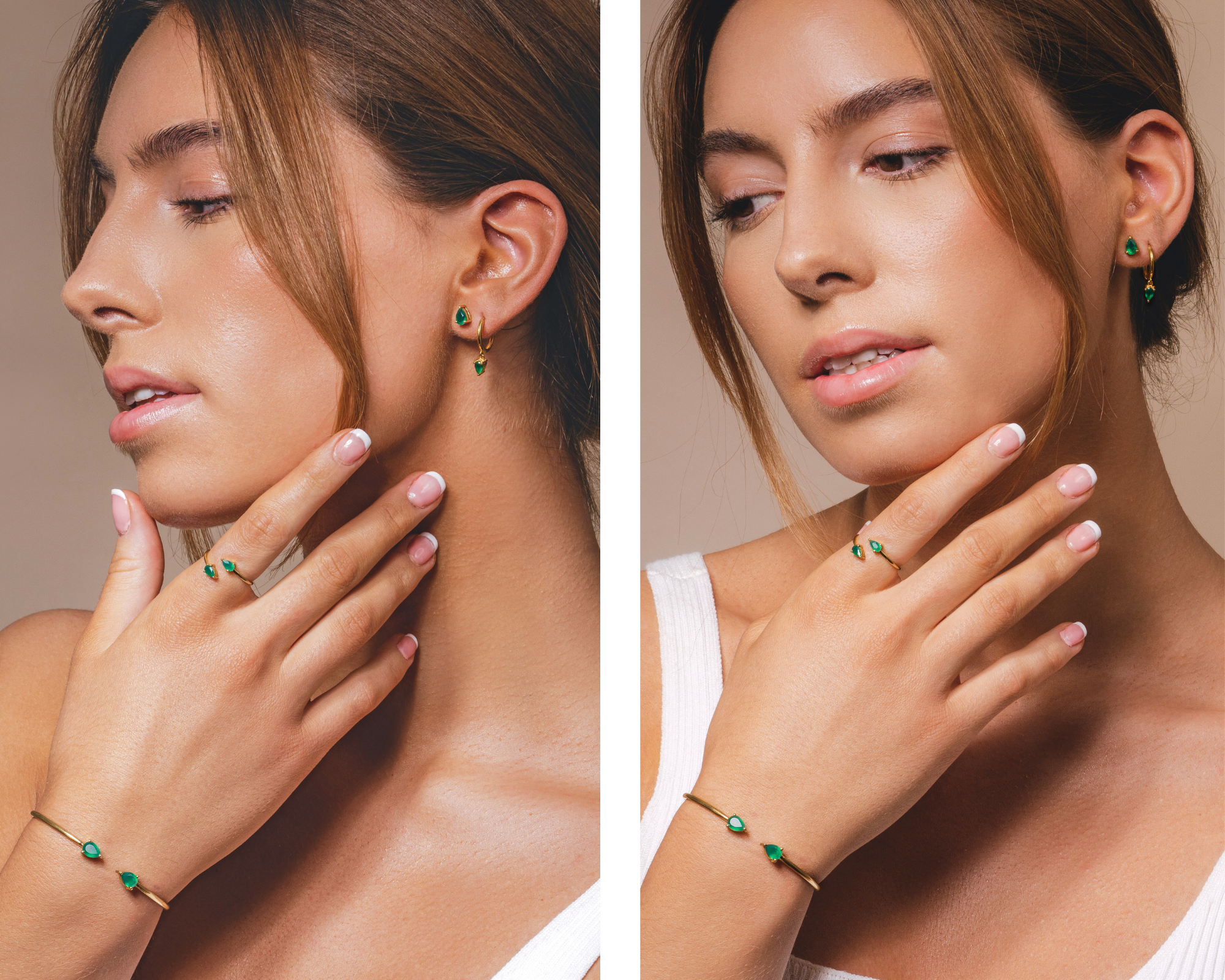 Our teardrop green onyx jewellery collection in gold featuring a ring, bracelet and earrings