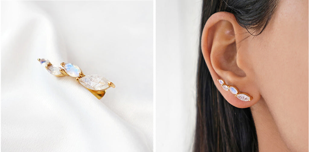 Moonstone climber gold stud earrings, Rani & Co. Galentine Gift