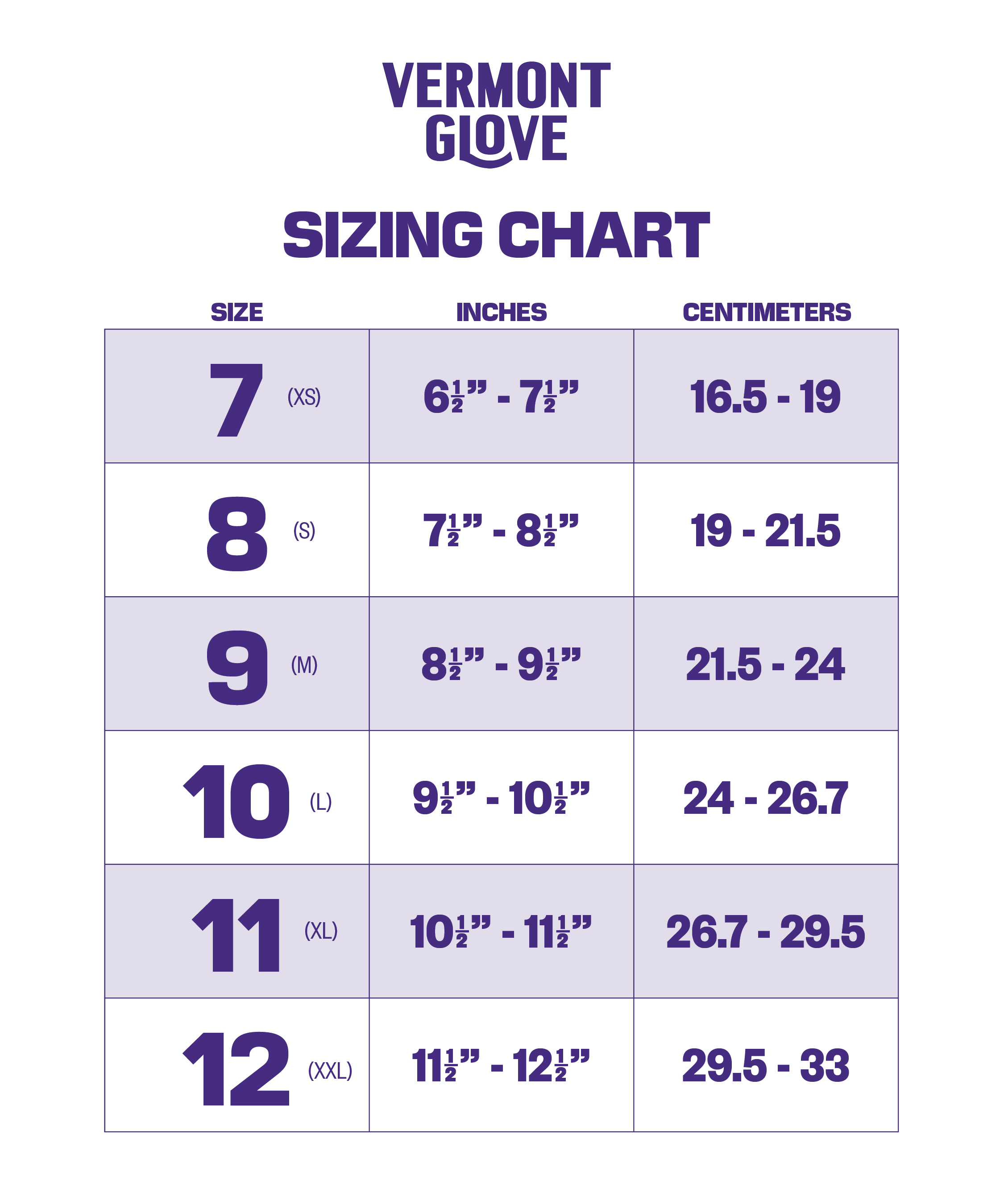 Vermont Glove Sizing Chart