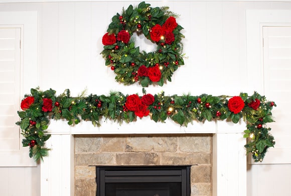 Red Peony & Berry Wreath and Garland Hanging Above Fireplace Mantle