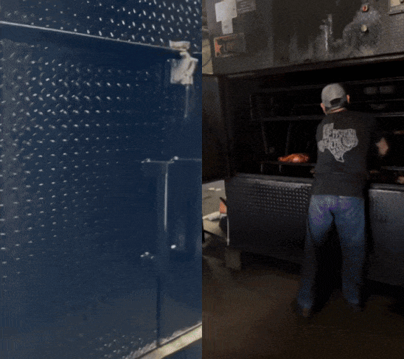 Oyler Pit 1300 Commercial Smoker man preparing meat for smoker