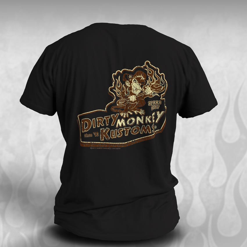 Retro "Dirty Monkey" Hot Rod Speed Shop Tee Shirt - Dirty Monkey Kustoms USA GearHead Apparel