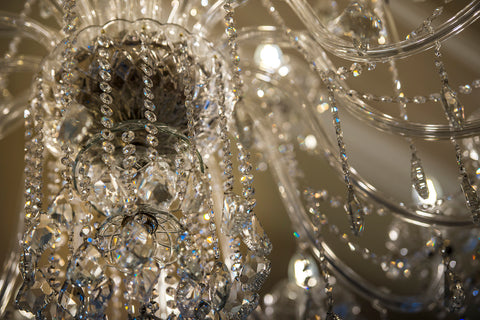 Close up of sparkling crystal chandelier.