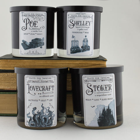 Masters of the Macabre Bookish Candle Collection - Edgar Allan Poe, Bram Stoker, Mary Shelley, and HP Lovecraft