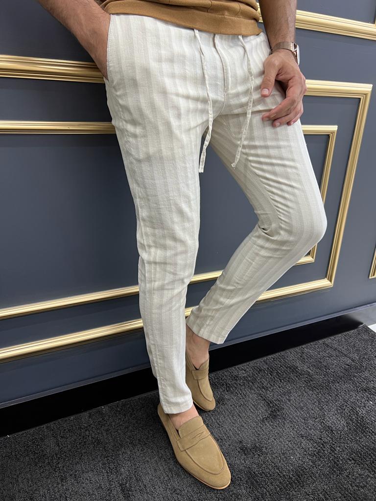 Bojoni Uluwatu Slim Fit Beige Rope Detailed Trouser | BOJONI