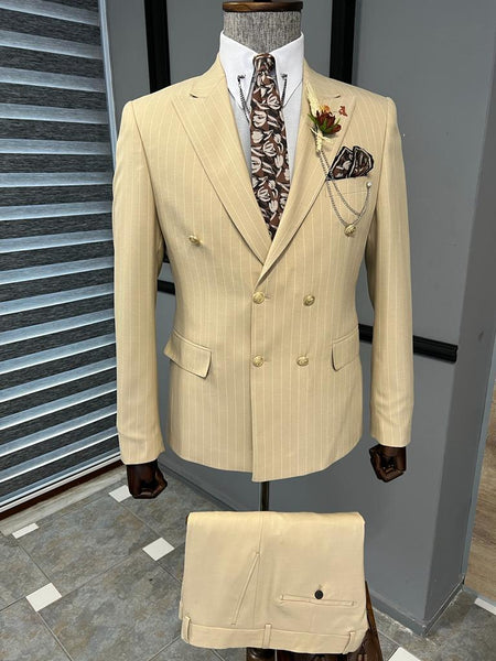 Bojoni Fremont Beige Slim Fit Double Breasted Pinstripe Wool Suit | BOJONI