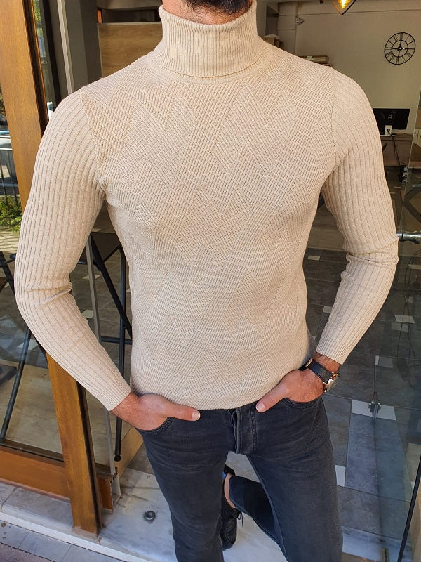 Men's Beige Slim Fit Turtleneck Knitwear Sweater - Beren Store