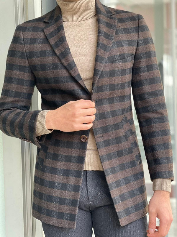 Clemson Brown Slim Fit Plaid Wool Long Coat | BOJONI