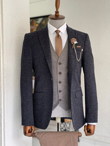 Bojoni Dayton Navy Blue Slim Fit Peak Lapel Wool Suit | BOJONI