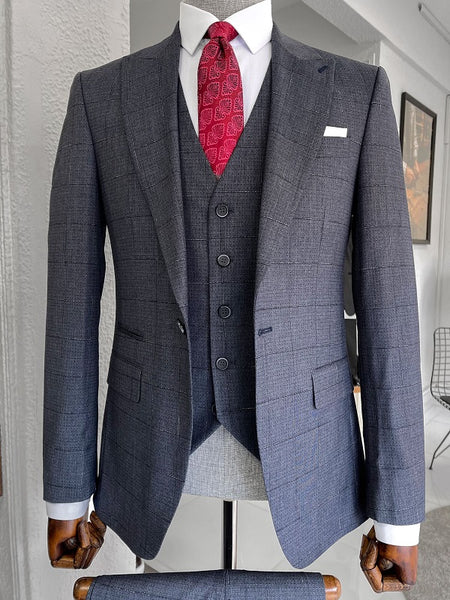 Bojoni Louis Navy Blue Slim Fit Peak Lapel Plaid Wool Suit | BOJONI