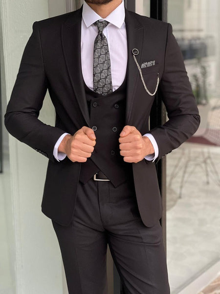 Abruzzo Black Slim Fit Peak Lapel Wool Suit | BOJONI