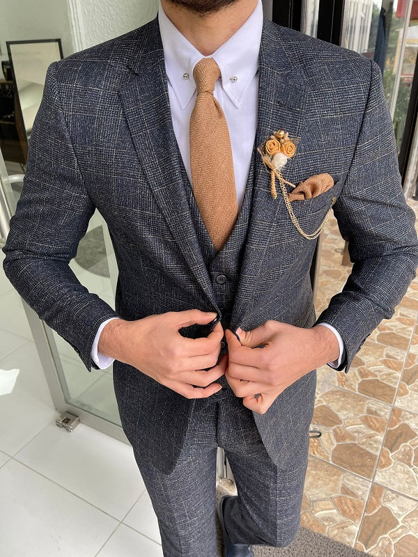 Bojoni Grant Navy Blue Slim Fit Notch Lapel Plaid Wool Suit | BOJONI