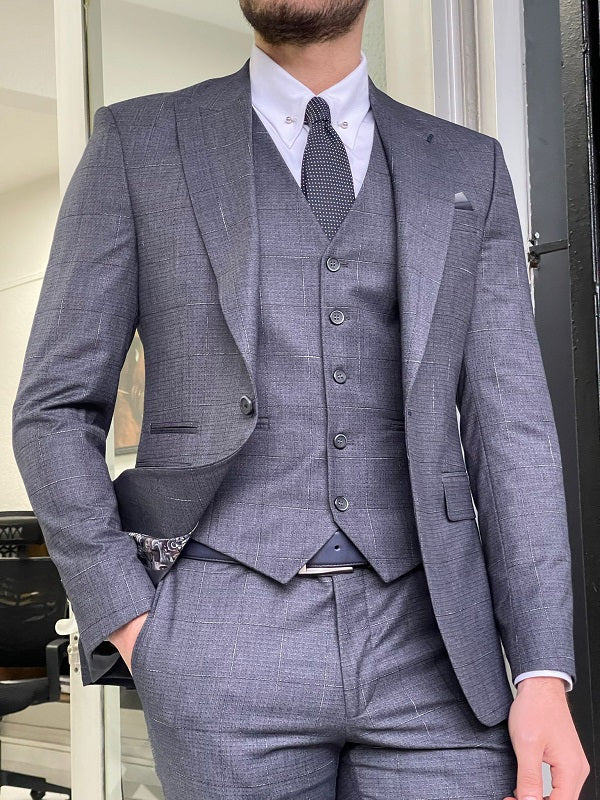 Bojoni Austin Anthracite Slim Fit Peak Lapel Plaid Wool Suit | BOJONI