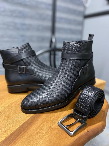 Bojoni Clifton Black Woven Leather Buckle Chelsea Boots | BOJONI