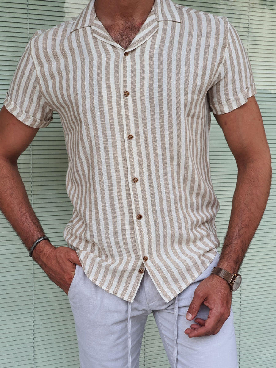 Capani Ecru Slim Fit Striped Collar Shirt | BOJONI