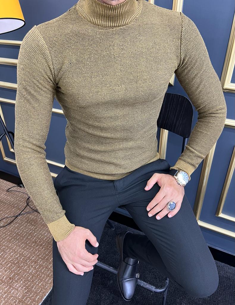 Thread Slim Fit Custom Design Camel V- Neck Sweater