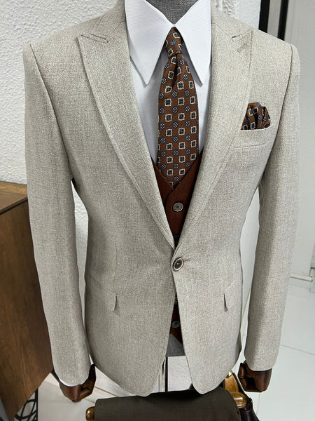 Louis Slim Fit Pointed Collared Beige Combination Suit | BOJONI